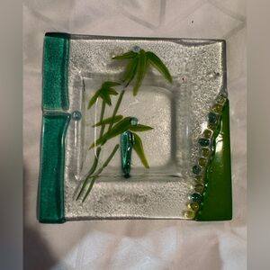 Unique Fused Glass Trinket/Ashtray/Sushi/Art Dish Bamboo & Bubbles One of a kind